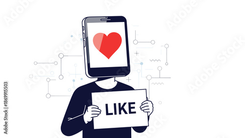 Conceptual illustration of a person with a smartphone for a head showing a heart icon while holding up a sign that says LIKE in bold black letters.