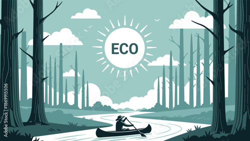 Peaceful scene of a man paddling a canoe on a winding river through a dense pine forest with a large sun labeled ECO shining in the sky.
