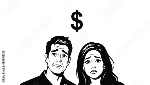 Concerned young couple looking up at a large black dollar sign floating above them representing financial stress or economic uncertainty in life.