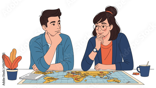 Curious couple sitting at a desk and thoughtfully looking at a world map together while planning their next travel adventure or international trip.