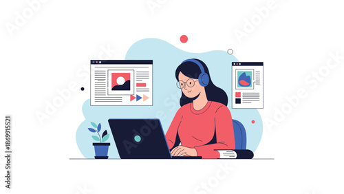 Young woman with headphones and glasses working on a laptop while various digital windows and interface elements float around her in the air.