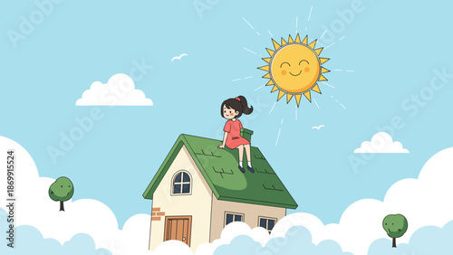 Whimsical scene of a little girl in a red dress sitting on the roof of a house floating in the clouds under a bright smiling sun in a blue sky.