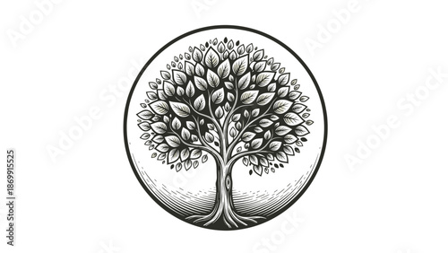 Detailed circular engraving of a healthy tree with many leaves and strong roots symbolizing life, growth, and nature in a classic vintage style.