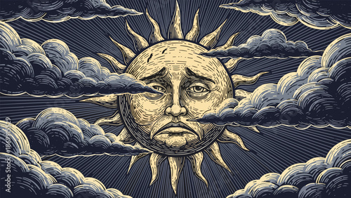 Dramatic vintage engraving of a sad personified sun face with rays surrounded by dark heavy clouds in a detailed cross-hatched woodcut style.