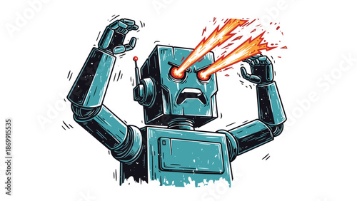 Retro sci-fi illustration of a blue metallic robot with glowing orange eyes firing powerful laser beams in a moment of intense technological action.