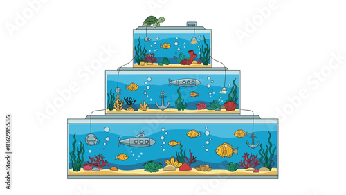 Stack of three glass aquariums filled with colorful fish and underwater plants against a white background represents marine life hobby.
