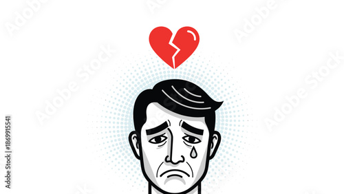 Heartbroken man with a single tear on his cheek looking down in sadness with a red broken heart symbol floating above his head on a white background.