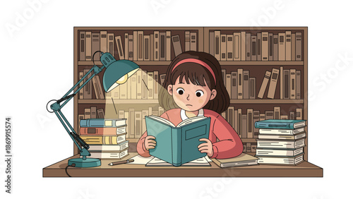 Young girl sitting at a wooden desk under a desk lamp reading a book in a library filled with many books stacked on the shelves.