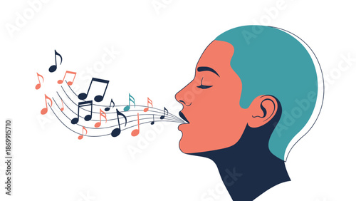 Side profile of a person with blue hair singing out loud as colorful musical notes flow from their open mouth.