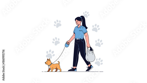 Responsible pet owner walks her small brown dog on a leash and carries a waste bag to keep the park clean and tidy.