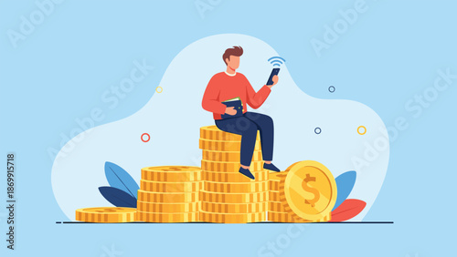 Wealthy man sits on top of a giant stack of gold coins while checking his smartphone for financial market updates.