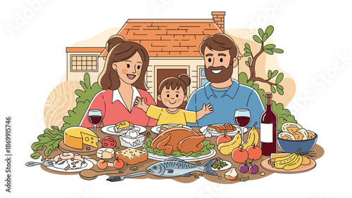 Happy family consisting of father, mother, and young daughter enjoying a large feast with roasted chicken and assorted food outdoors.