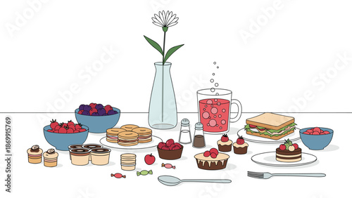 Abundant spread of party food including cupcakes, berries, sandwiches, pastries, and a single flower in a tall glass vase on a white table.