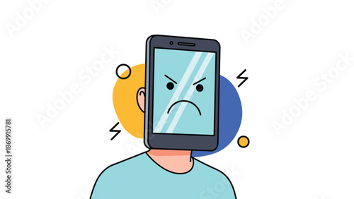 Conceptual illustration of a person with a large smartphone for a head displaying an angry and unhappy facial expression.