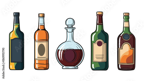 Assortment of five uniquely shaped glass bottles for wine and liquor standing in a row with various label designs and colors.