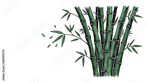 Detailed illustration of green bamboo stalks with fresh leaves growing closely together in a tropical forest setting.