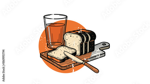Freshly sliced loaf of bread on a wooden board with a butter knife and a tall glass of orange juice on a textured background.