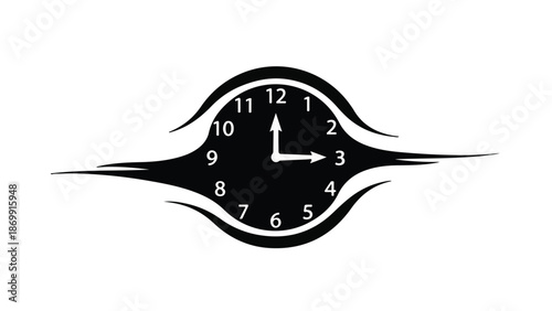 Modern abstract clock illustration with wavy border and white hands on black background for design and time concept