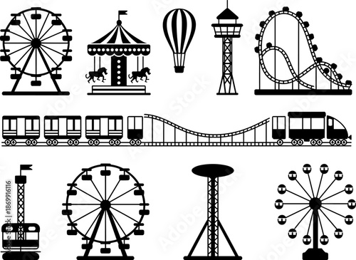Amusement park black silhouette icons set with ferris wheel roller coaster carousel and carnival attractions isolated on white background vector