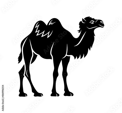 Black camel silhouette illustration isolated on white background. Minimalist dromedary desert animal side view icon. Vector graphic design for logo, travel, middle eastern or african theme.