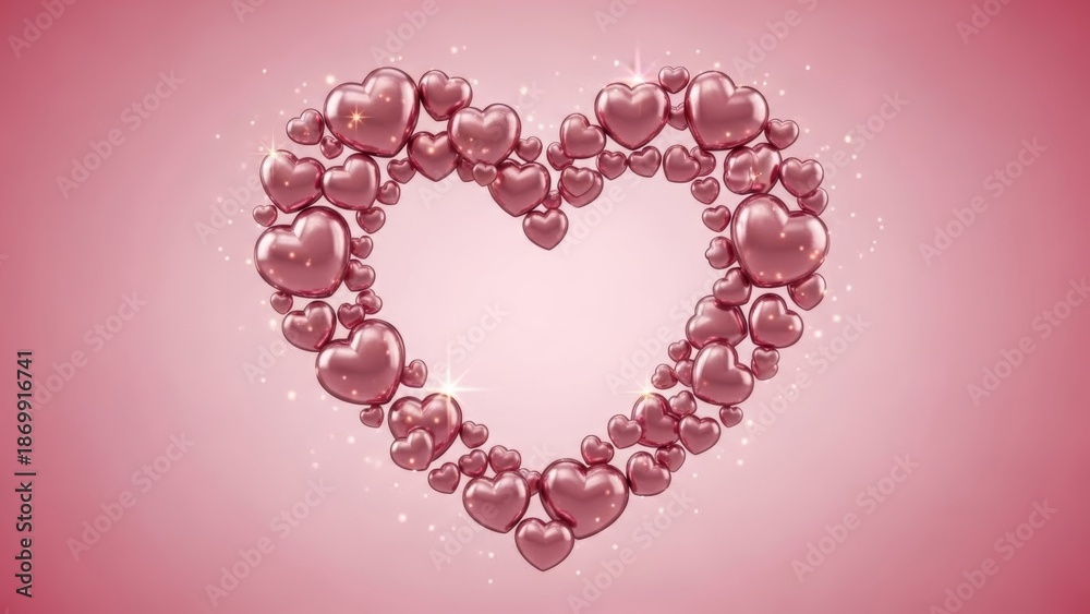 Obraz premium Heart shape made of shiny pink hearts on pink background