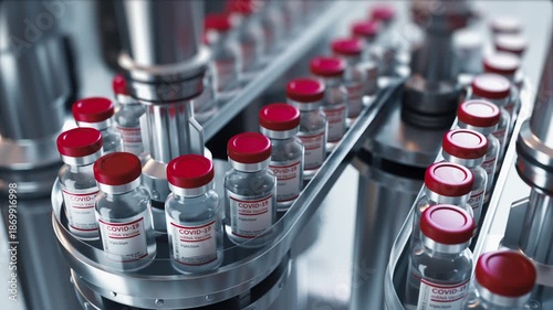 SARS-COV-2 COVID-19 Coronavirus vaccine mass production. Glass bottles vials passing on conveyor belt. Endless 3d animation of pharmaceutical company production line