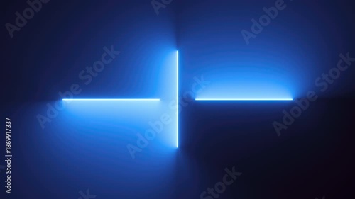 4k looping 3d animation, abstract neon background with rotating glowing lines. Dark wall illuminated with blue luminescent lamps