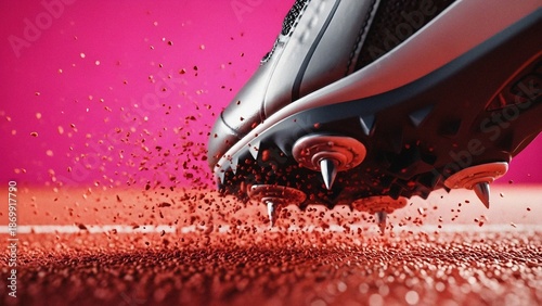 A track spike shoe makes dynamic impact with the running track, sending particles flying against a vibrant pink background, symbolizing speed and athletic performance.