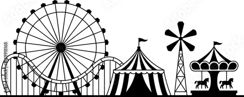 Amusement park silhouette icons set with ferris wheel roller coaster carousel carnival castle and fairground attractions isolated on white background vector