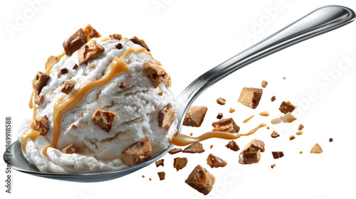Scoop of vanilla ice cream with caramel sauce on a spoon isolated on a transparent background