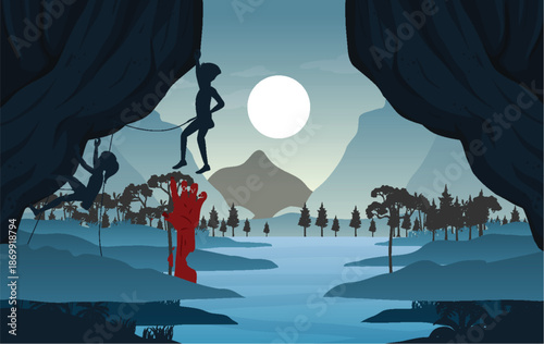Dark Surreal Horror Scene Illustration with Eerie Atmosphere and Abstract Elements