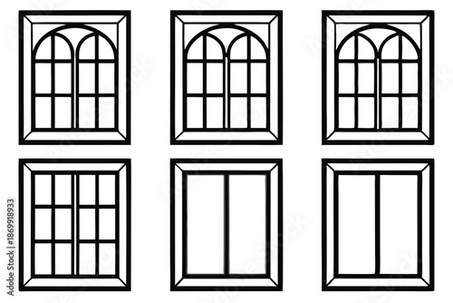 Simple Line Art Window Frames Vector Set, Black and White Graphic Design Elements for Architectural Projects and Web Icons