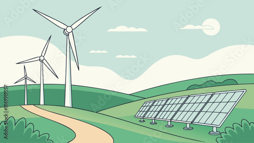 Renewable energy landscape featuring modern wind turbines and ground-mounted solar panels generating clean power across rolling green hills.
