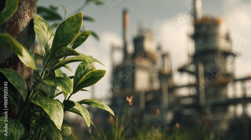 The contrast of nature and machinery: a living plant in a factory setting