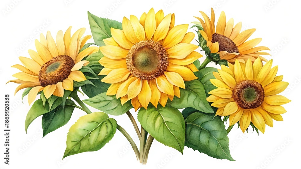Fototapeta premium Watercolor illustration of a bouquet of bright yellow sunflowers and lush leaves