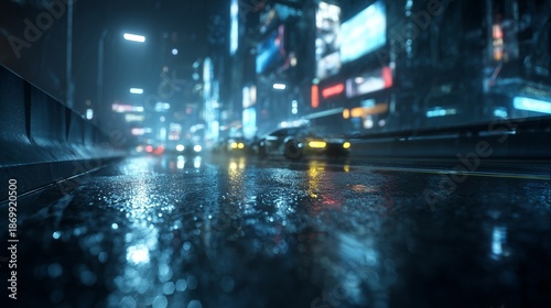 Cyberpunk city street at night with rain