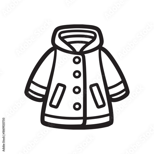 Hooded winter jacket outline illustration with buttons pockets simple black vector design.
