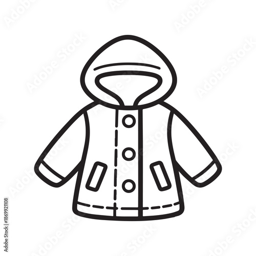 Hooded winter jacket outline illustration with buttons pockets simple black vector design.