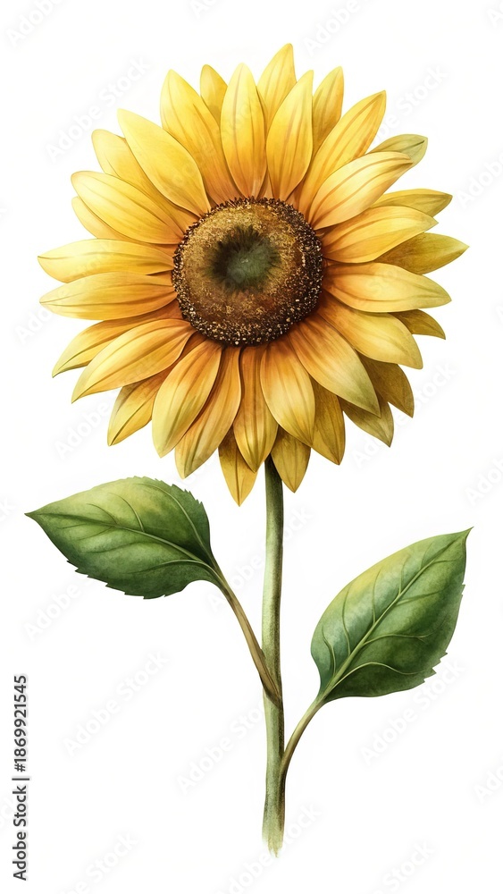 Naklejka premium Beautiful Sunflower Watercolor Painting with Detailed Petals and Lush Green Leaves