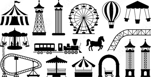 Black park landscape silhouette with Ferris wheel jumping people and gazebo reflecting in water for summer recreational leisure background vector concept design