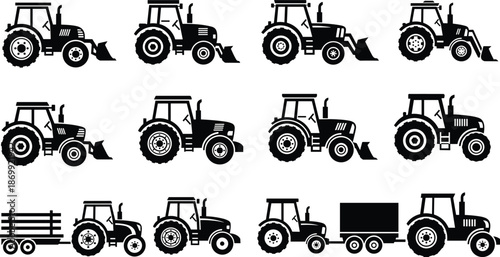  Collection of black tractor silhouettes, farm machinery icons, industrial vehicle graphics, agriculture equipment set for farming design, isolated on white background