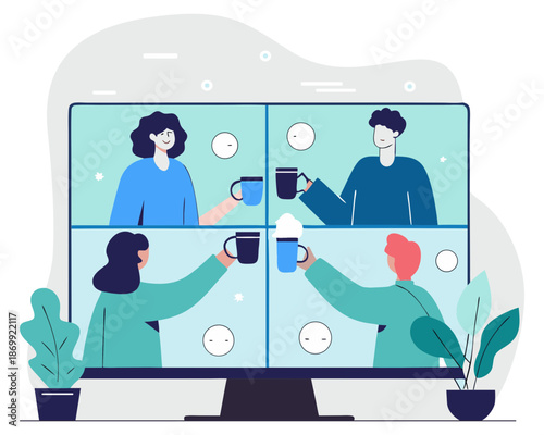 Flat Vector Illustration of Remote Employees Raising Coffee Mugs and Clinking Virtually During a Zoom Video Call, Cheerful Online Celebration, Friendly Teamwork, and Digital Office Culture