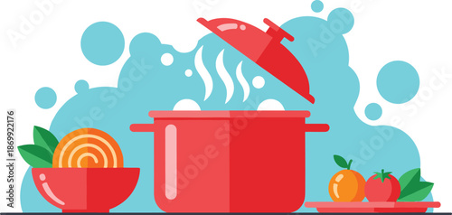 Red cooking pot with steam, bowl of pasta, fresh tomatoes and vegetables on blue background, flat vector illustration for kitchen design.