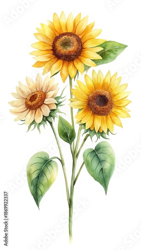 Watercolor Painting of Three Beautiful Sunflowers with Green Leaves on White Background