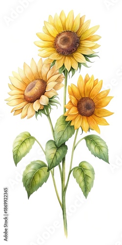 Watercolor painting of three vibrant sunflowers with leaves against a white background