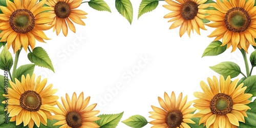 Beautiful watercolor sunflowers and green leaves border with white copy space
