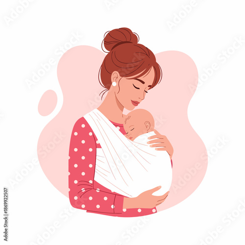 Mother carrying baby in babywearing sling.