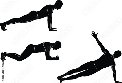  Silhouette illustrations of a fit man performing various plank exercises including high plank forearm plank and side plank for core strength