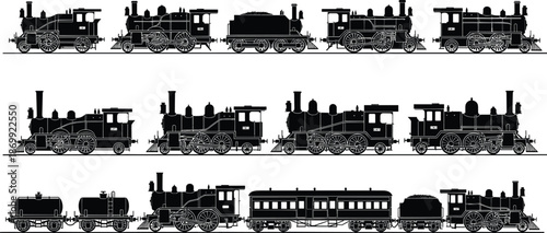  steam engine, vintage train, railway transport, antique locomotive, steam locomotive,  silhouette, vector illustration, transport set, retro railway, old locomotive, train collection