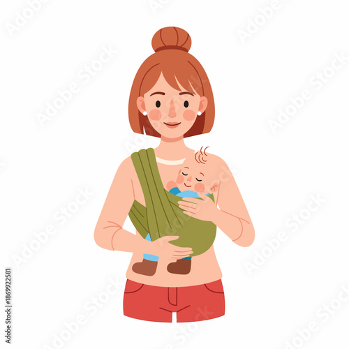 mother carrying baby in sling.